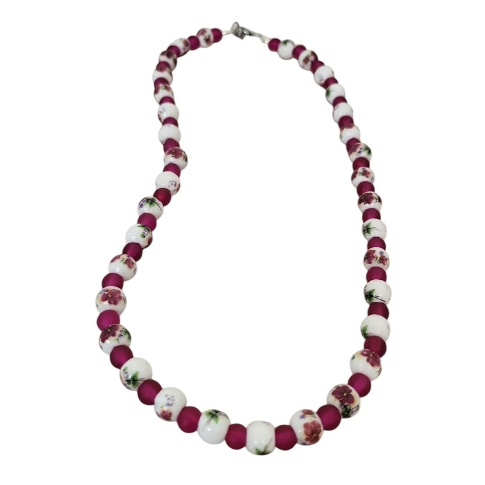 Vintage Peony Floral Ceramic Beads Necklace, Cranberry Glass, Elegant Handmade J